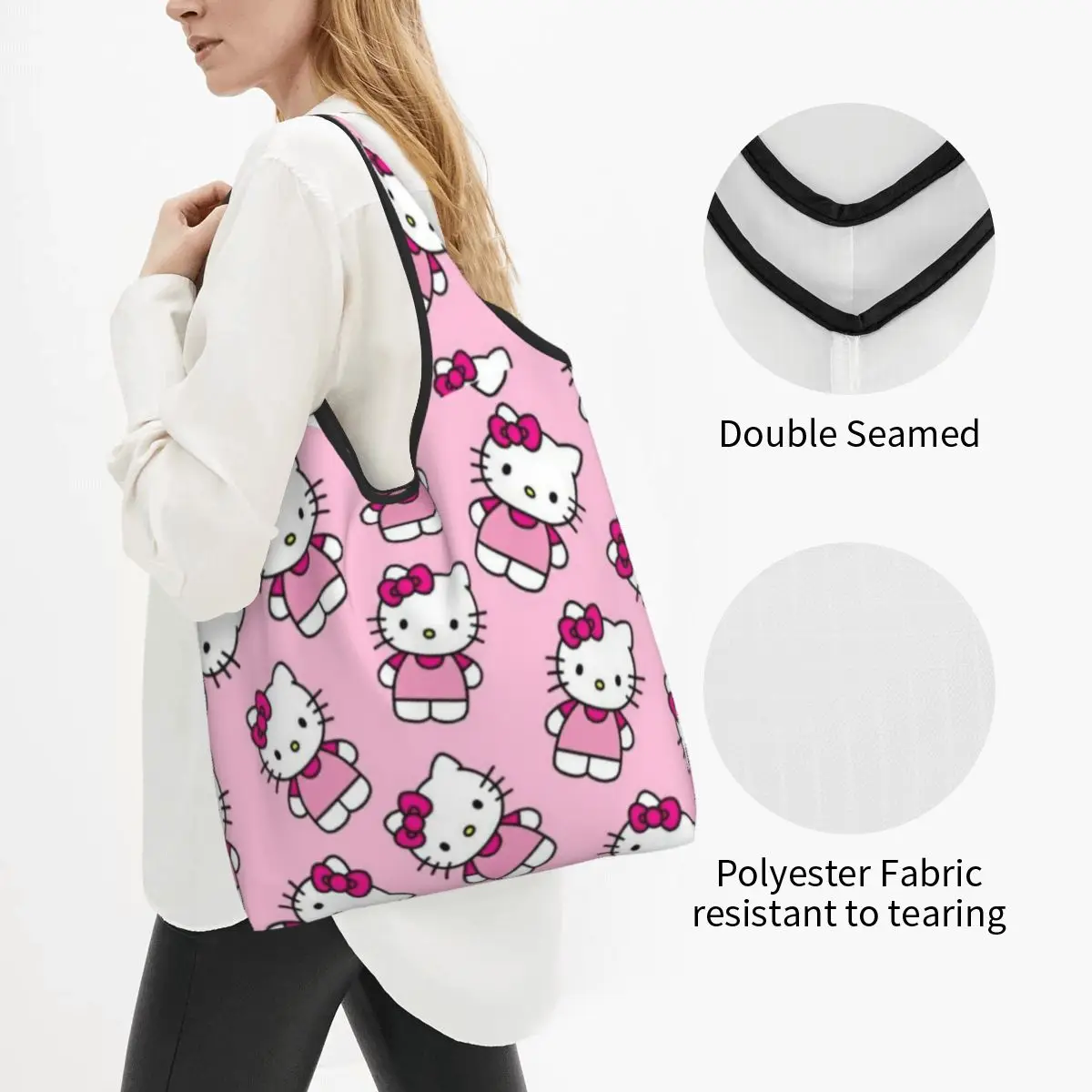 Custom Hello Kitty Shopping Bag donna portatile grande capacità generi alimentari Cartoon Tote Shopper Bags