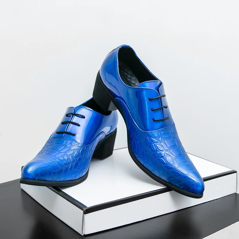 

Luxury Blue Patent Leather Shoes Man High Heeled Shoes Big Size 38-46 Heighten Man Dress Shoes Pointed Italian Wedding Shoes Men