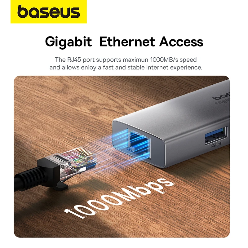 Baseus 4 in 1 USB Type C Hub With 1000Mbps Ethernet Port 3* USB 3.0 USB Adapter RJ45 Lan USB C HUB For Phones Laptops Tablets