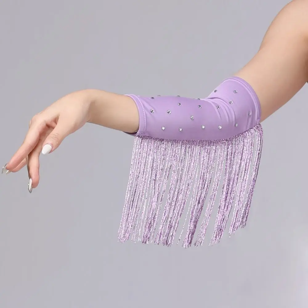 Performance Stage Latin Dance Fringed Sleeves Flash Drilling Rhinestone Fringe Tassel Gloves Solid Color Latin Dance Costumes