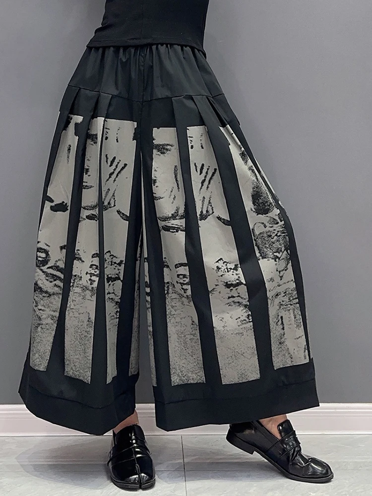 [EAM] High Elastic Waist Black Printed Pleated Long Wide Leg Pants New Trousers Women Fashion Tide Spring Autumn 2024 1DF6290