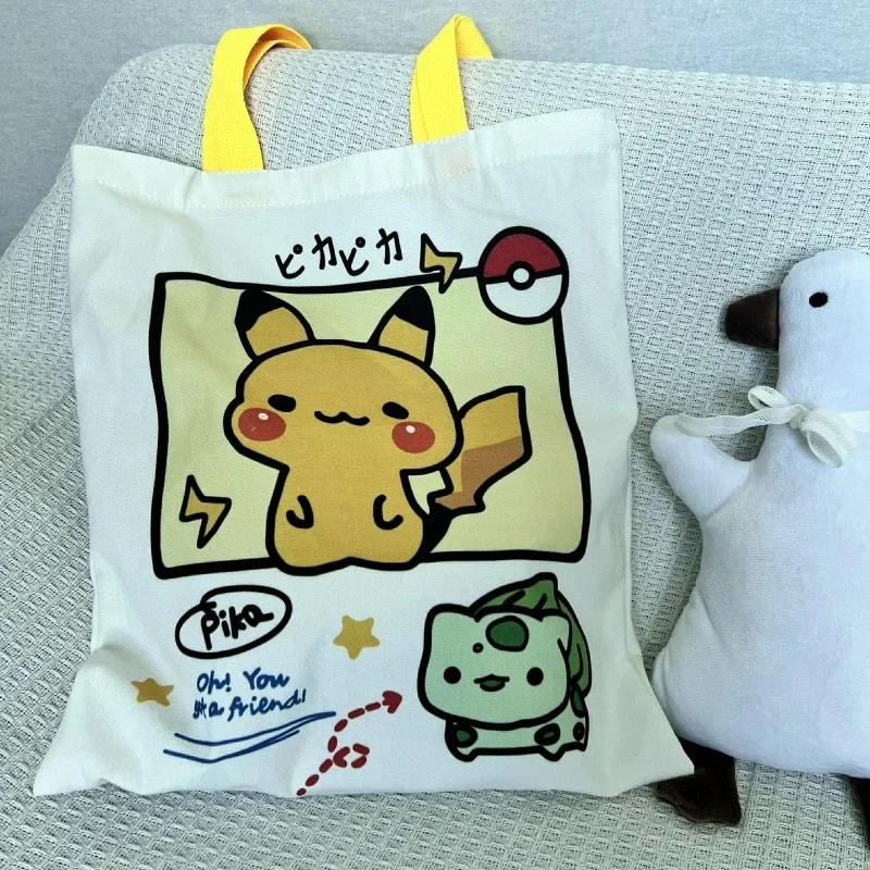 Tas Bahu Kanvas Anime Pokemon Pikachu Tas Tangan Kasual Wanita Psyduck Squirtle Tas Belanja Wanita Kapasitas Besar Dapat Digunakan Kembali