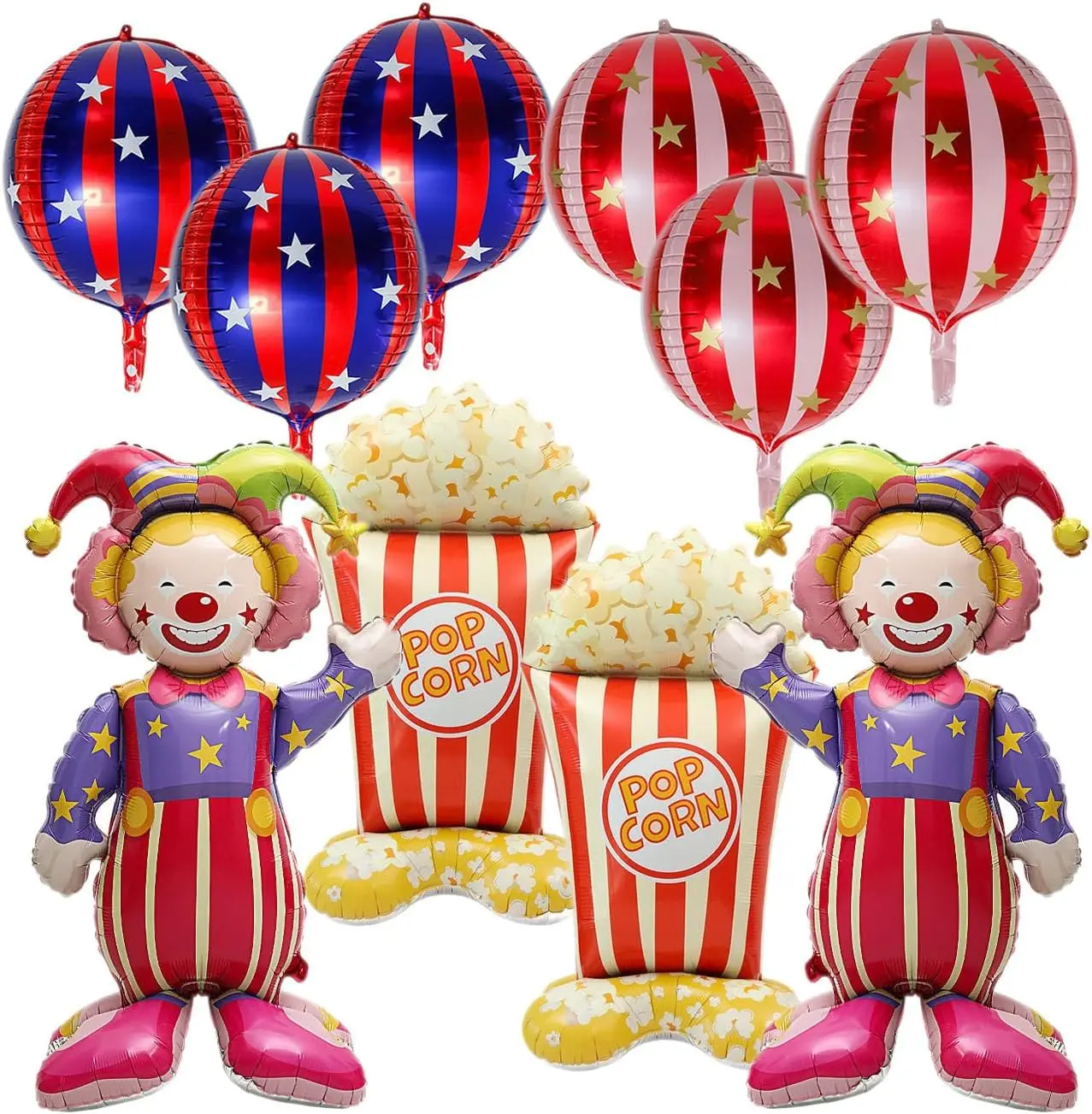 10 Pack Circus Carnival Foil Balloons Set, 4D Self Standing 47.6 Inches Huge Circus Clown Popcorn 22Inches Carnival Foil balloons Halloween Christmas Theme Party Decorations
