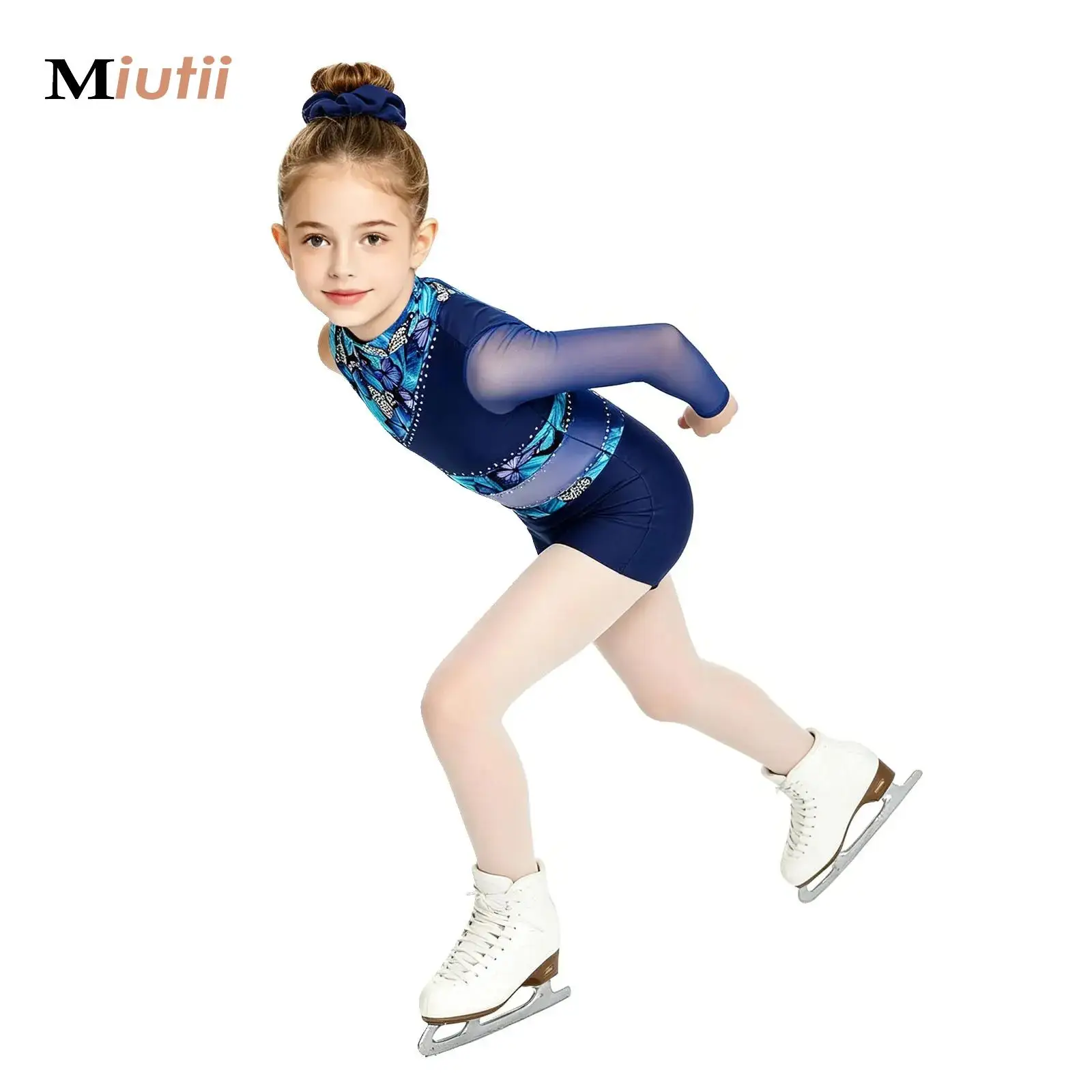 

Kids Girls Figure Skating Performance Dance Leotards with Shorts Set Sparkly Rhinestones Long Sleeve Printed Bodysuit Costumes