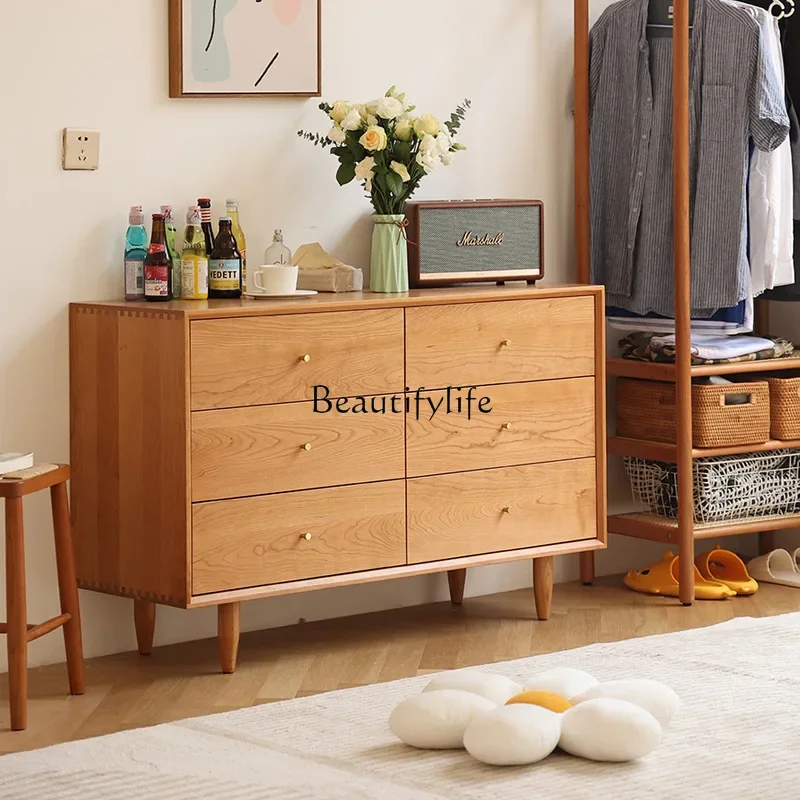 Nordic solid wood Japanese-style white oak bedroom storage locker cherry wood retro six-bucket side cabinet