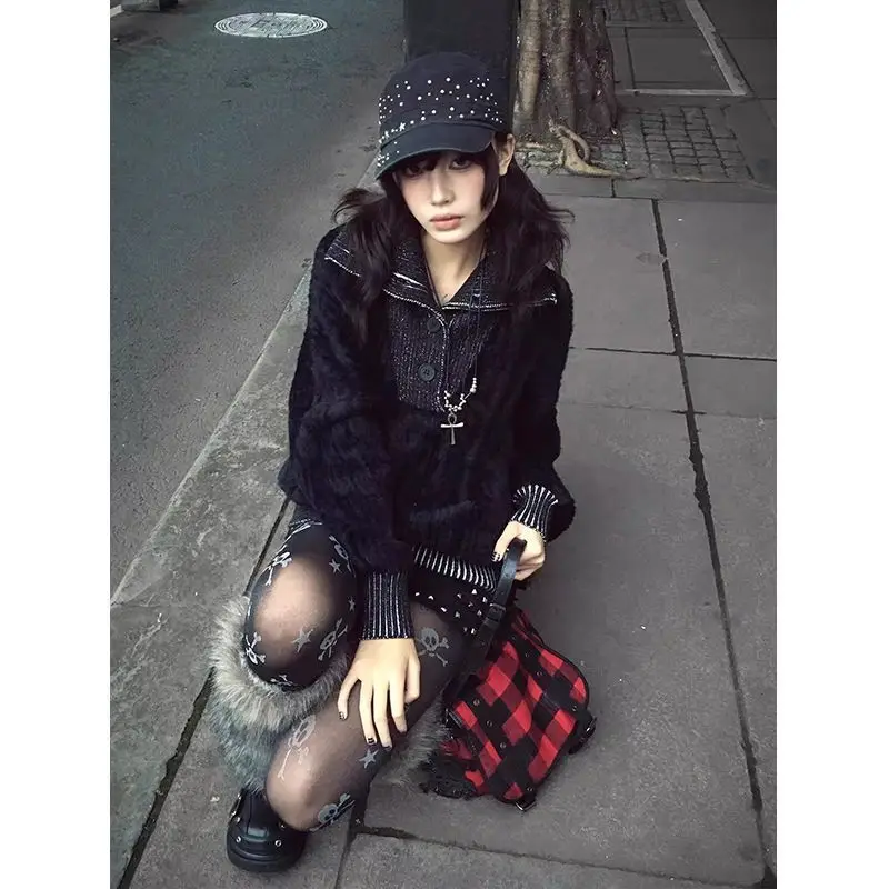 Y2k Vintage Gothic Style Sweater Black Women Casual Pullover American Retro Subculture Faux Fur Patchwork Autumn Winter 2026