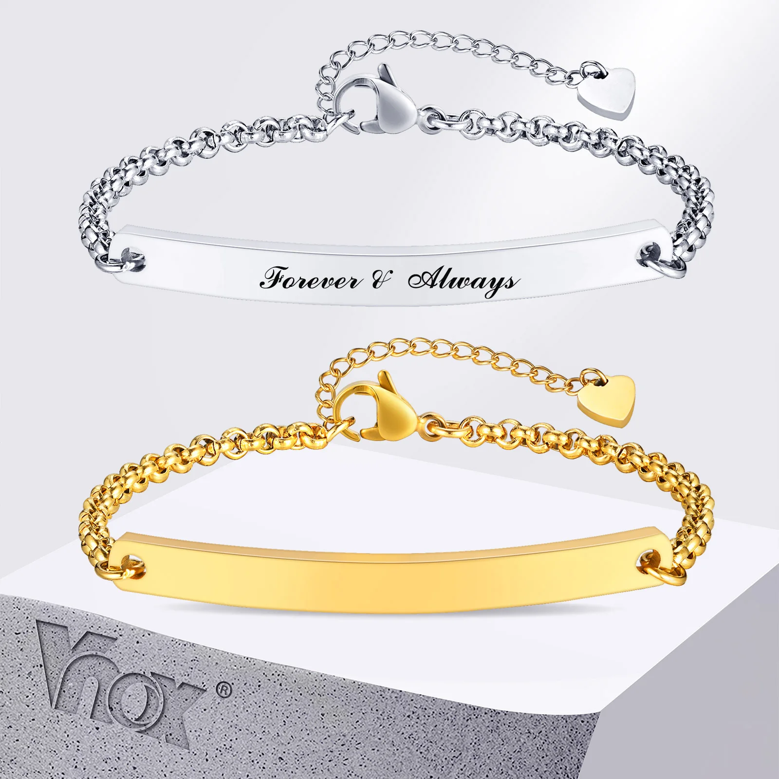 

Vnox Free Custom Fashion Slim Women Bracelets, Round Box Chain Bracelets, Engraving Stainless Steel Bangle Gift for Her