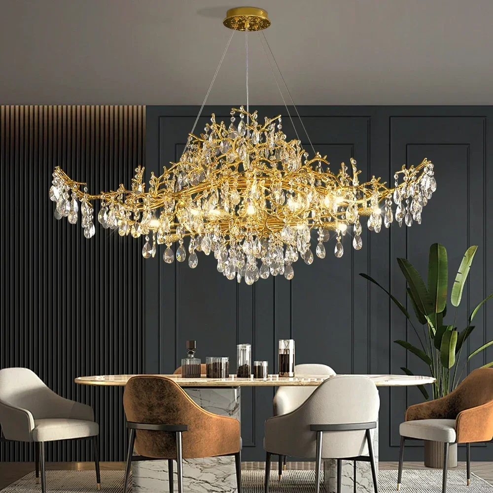 

American Style round Ceiling Chandelier Gold Crystal Branch LED Pendant Light for Living Room Hotel Decor