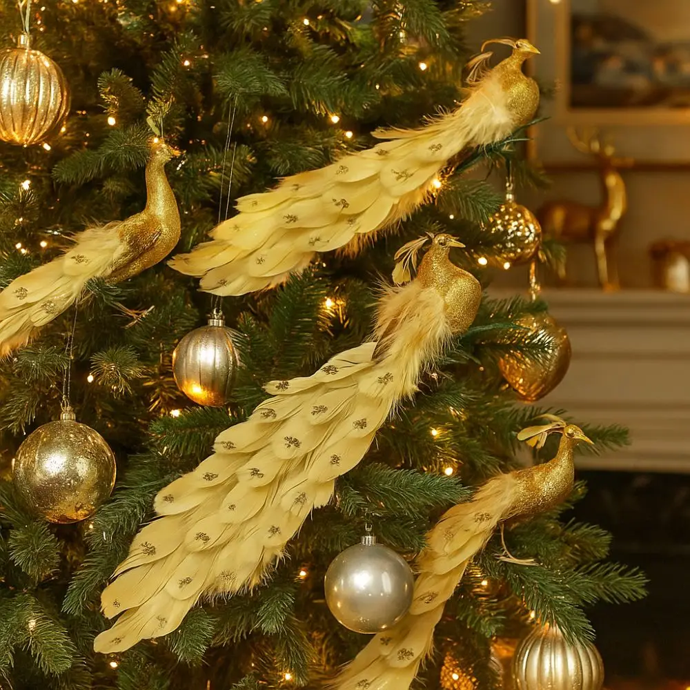 Красочный искусственный рождественский павлин с длинным хвостом, блестящее перо, имитация павлина с зажимом, реалистичные поделки