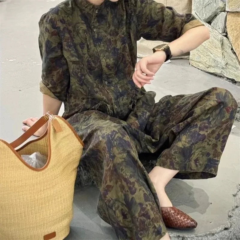 2025 신상 봄 빈티지 플로럴 프린트 점프수트 여성 한국 패션 루즈핏 밴딩 반팔 점프수트