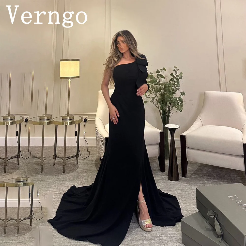 

Verngo Black Crepe Prom Gown One Shoulder A Line Party Dress For Women Simple Side Slit Evening Dress Saudi Arabic Prom Dress