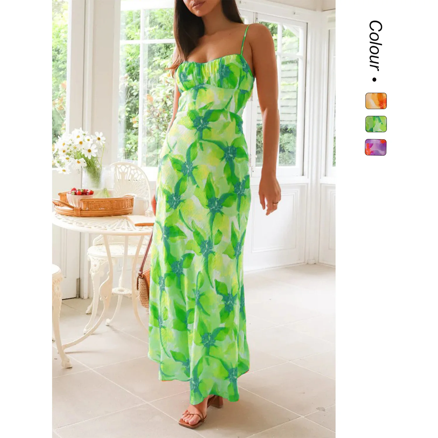 Ins Style 2026 Fresh And Sweet Summer Floral Print Backless Midi Dress 88242 Evening Dresses Midi Boho Femme Clothing