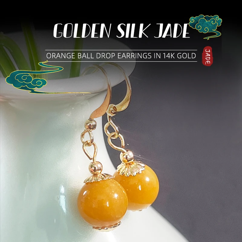 Genuine Natural Quartzite Jade 14K Gold Inlaid Yellow Ball Earrings Chinese Style Elegant Ladies Gold Jewelry Gift Box