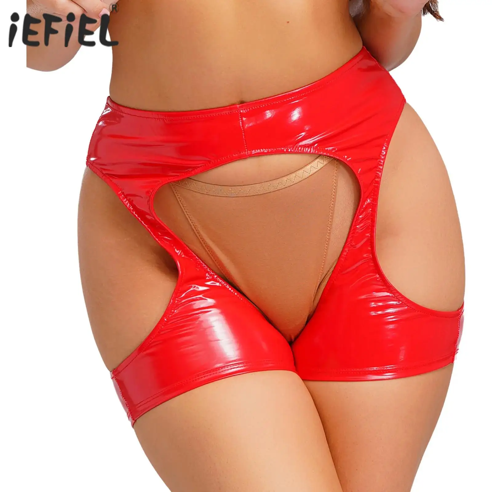 

Womens Lingerie Open Crotch Open Butt Latex Underwear Thigh Hollow Out Bodycon Boxer Shorts Patent Leather Sexy Panty Panties