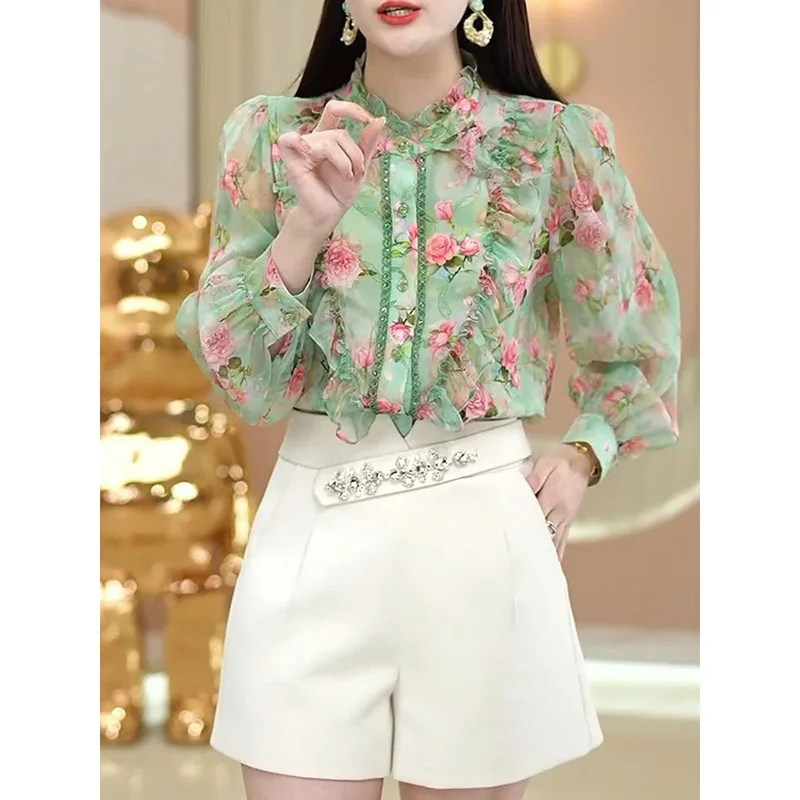 Blusa con bordado de encaje y volantes para mujer, camisa holgada con manga farol, Estilo Vintage, elegante, para otoño, 2023