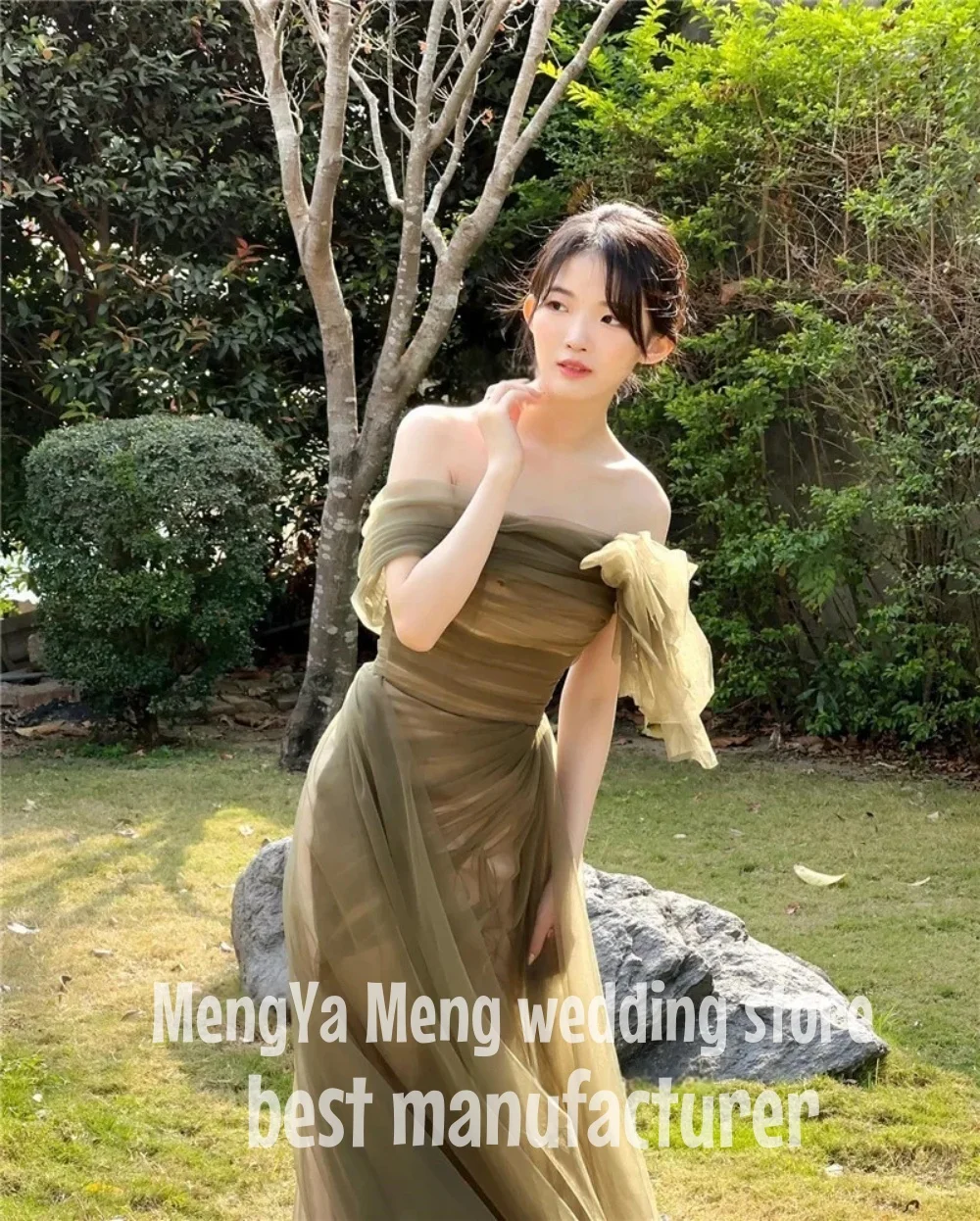 ZHUISHU ปิดไหล่ Dark สีเขียว Tulle Fairy ชุดราตรีเกาหลีงานแต่งงานถ่ายภาพที่กําหนดเอง Mermaid Party อย่างเป็นทางการ Prom Gowns