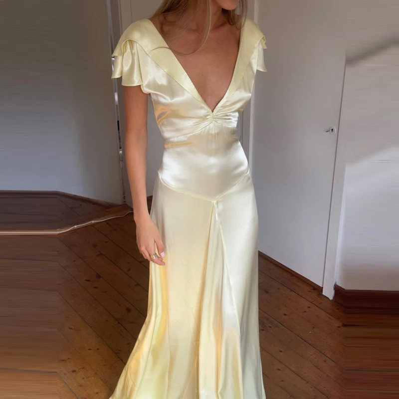 Sexy col en v drapé mince robe de soirée décontracté à volants manches dos nu solide robes robes femmes mode évider Satin longue robe