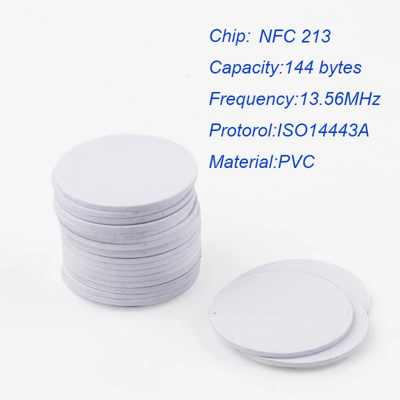 10Pcs/Lot 25mm 13.56Mhz ISO14443A NFC Coins NFC 213/215/216 Chip Coin Tags PVC Coin Cards Tags Waterproof For All NFC Phones