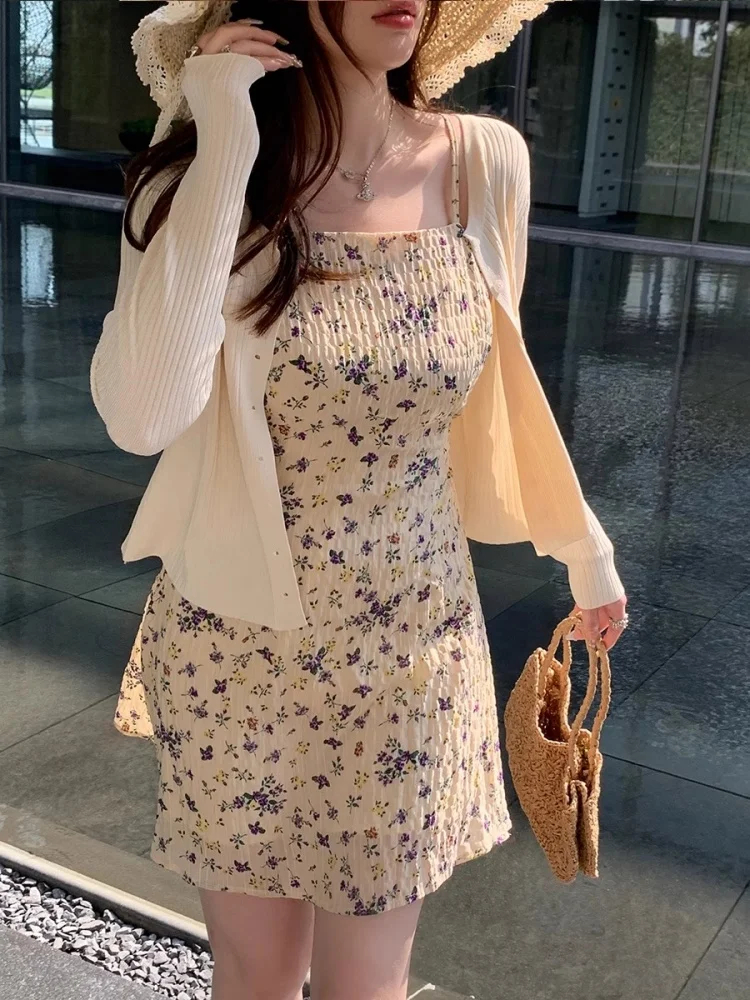 경량 아이스 실크 니트 가디건 여성 여름 민소매 숄 숏 코트 드레스 커버업 스윗 스타일 롱 슬리브