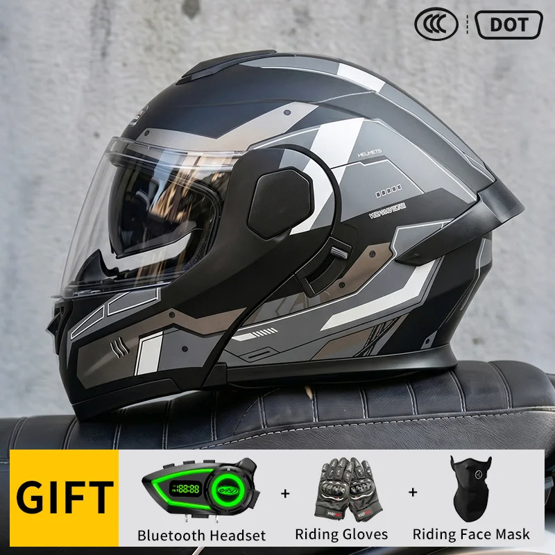 Abs Material Motorcycle Modular Helmets Double Visors Flip up Helmet with Bluetooth Glove Three Piece Set Dot Helmet Wholesale