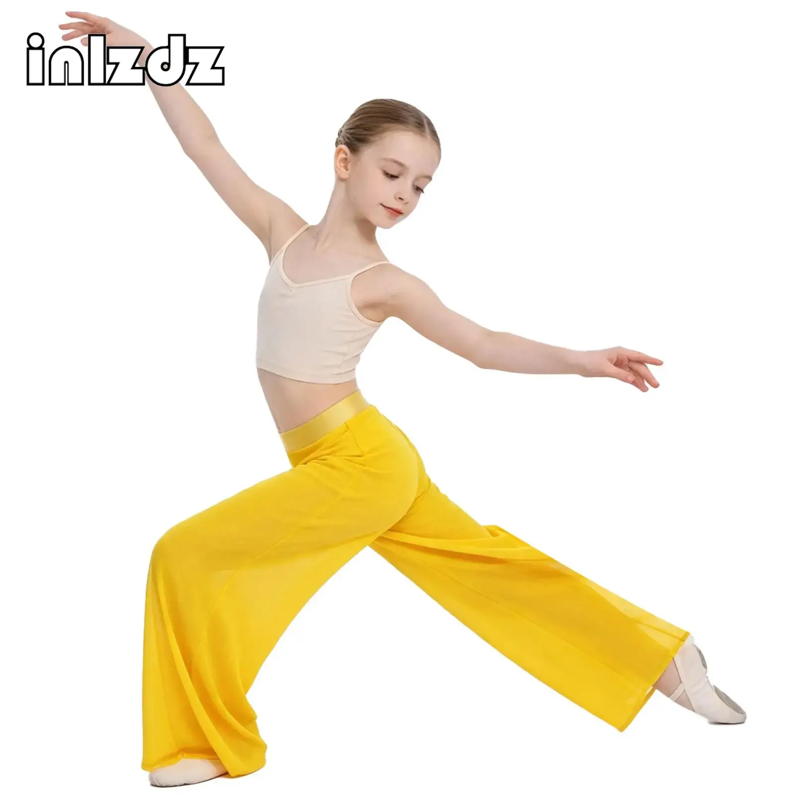 Kids Girls Wide-Leg Dance Pants Elastic Waistband Modern Lyrical Mesh Pants with Built-in Briefs for Performance Competition