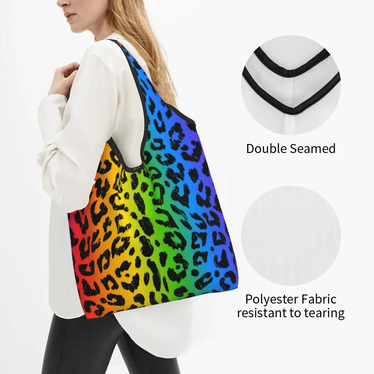 Large Reusable Rainbow Colorful Leopard Grocery Bags Recycle Foldable Shopping Eco-Friendly Bag Washable Waterproof