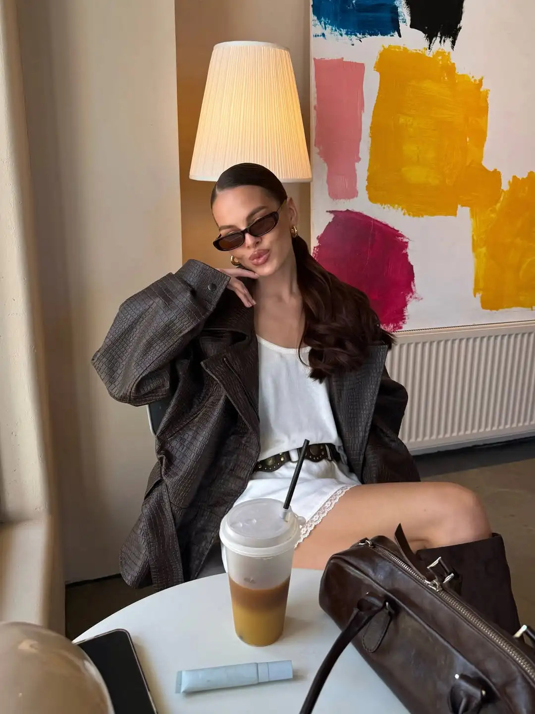 Solid Faux Leather Jacket Women Lapel Asymmetric Zipper Belted Waist Oversized Long Sleeve Coats Vintage Moto Biker Coat 2026