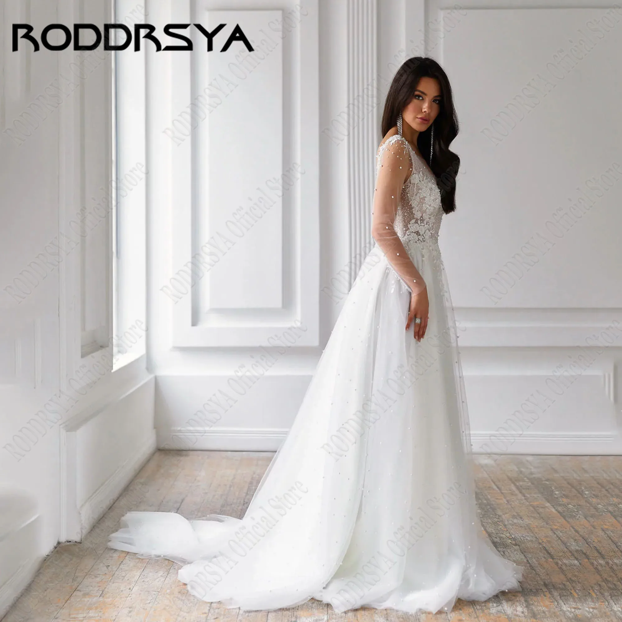 

RODDRSYA Customized O Neck Beading Wedding Dresses Long Sleeve A Line Tulle Sweep Train Backless Bridal Gown Vestidos De Novias