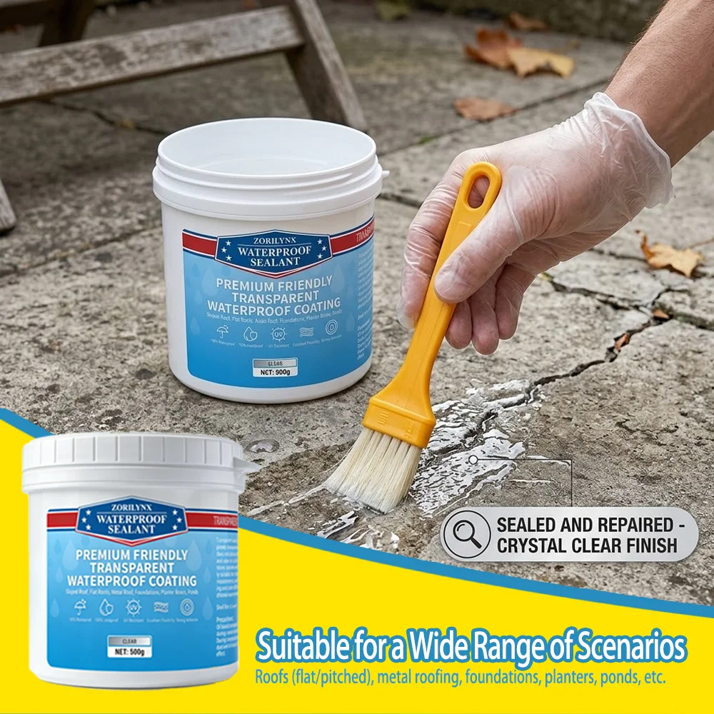 Sellador Transparente Impermeable de 500g, Revestimiento Anti-Fugas, Pegamento de Reparación para Techos, Baños y Paredes Exteriores con Brocha Gratis ZORILYNX