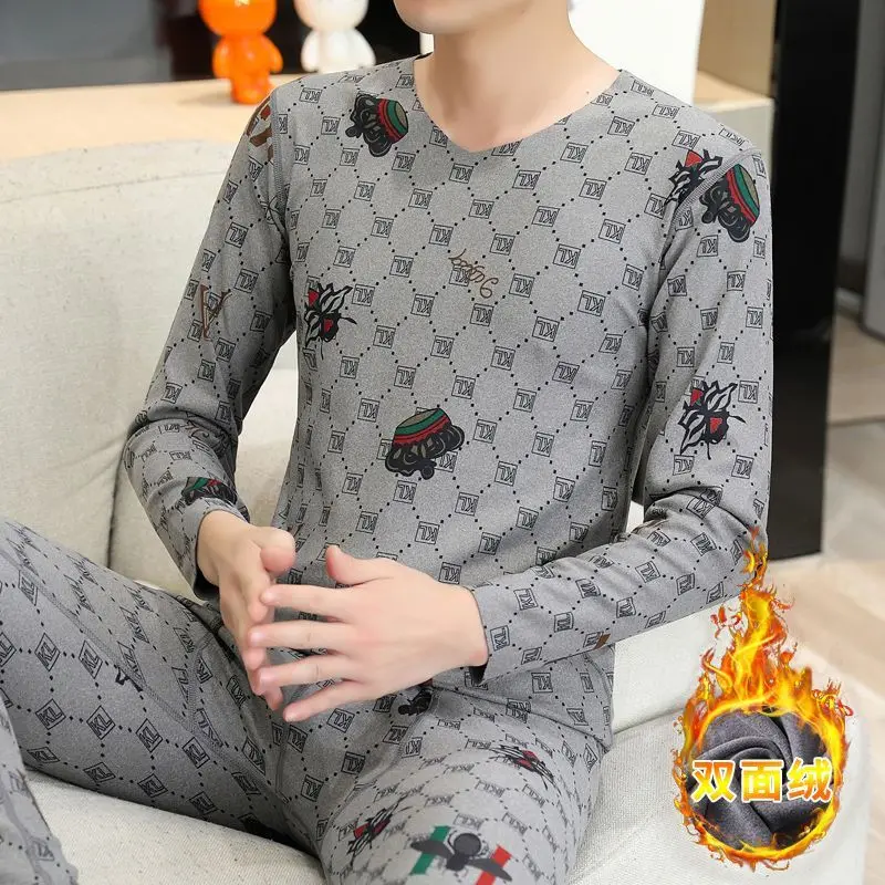 벨벳 무봉제 프린트 보온복 남성용 겨울 민소매 브이넥 조끼 양면 벨벳 이너웨어 보온 속옷