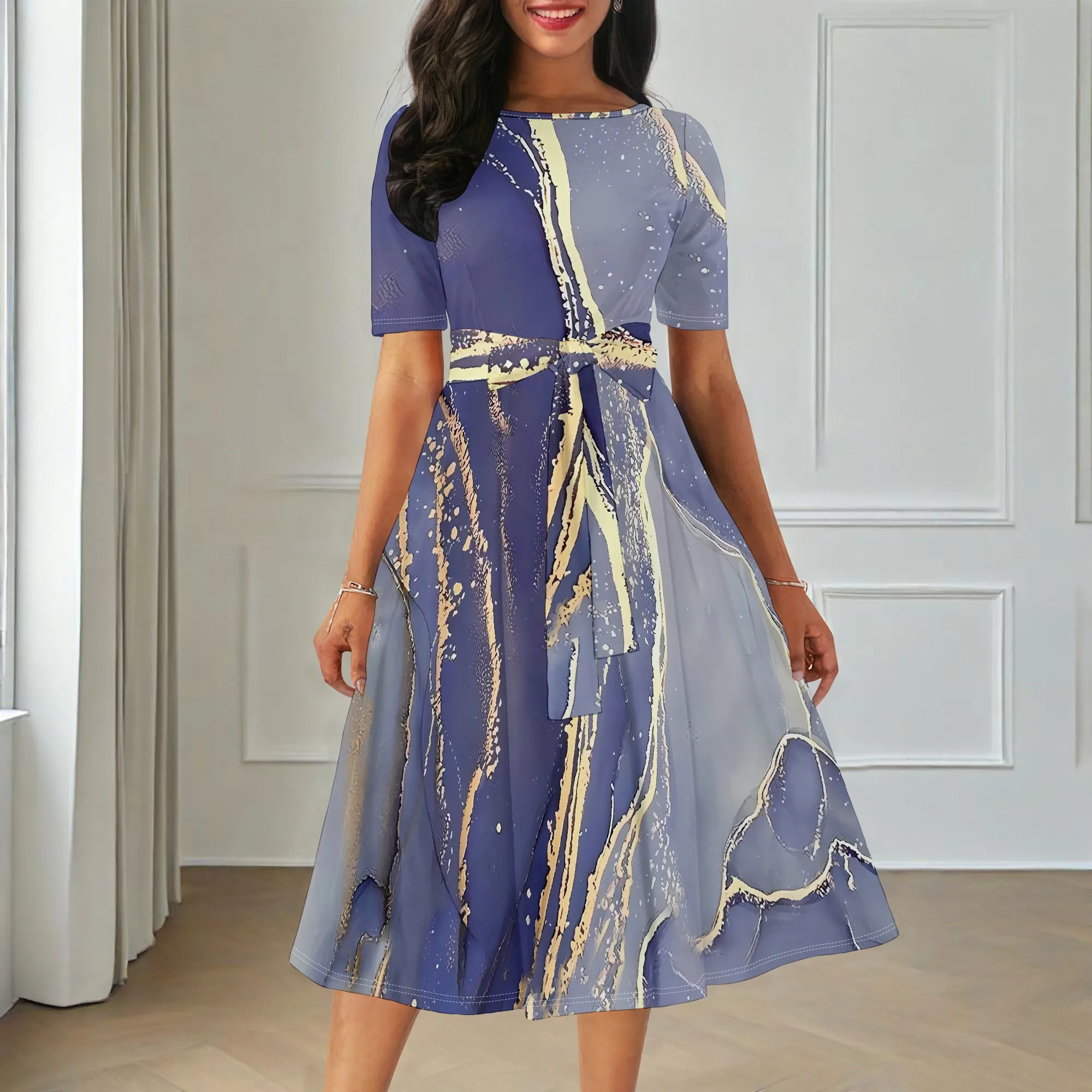 

Women's Summer Fashion Printed Short Sleeve Splits On Both Sides Maxi Dress for Sleeve Pocket Dress3D Printed