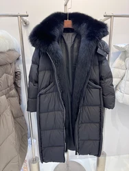 2025 Winter Women Natural Fox Fur Collar Coat Goose Down Jacket Hooded Luxury Casual Long Puffer Jackets Parkas Clothing