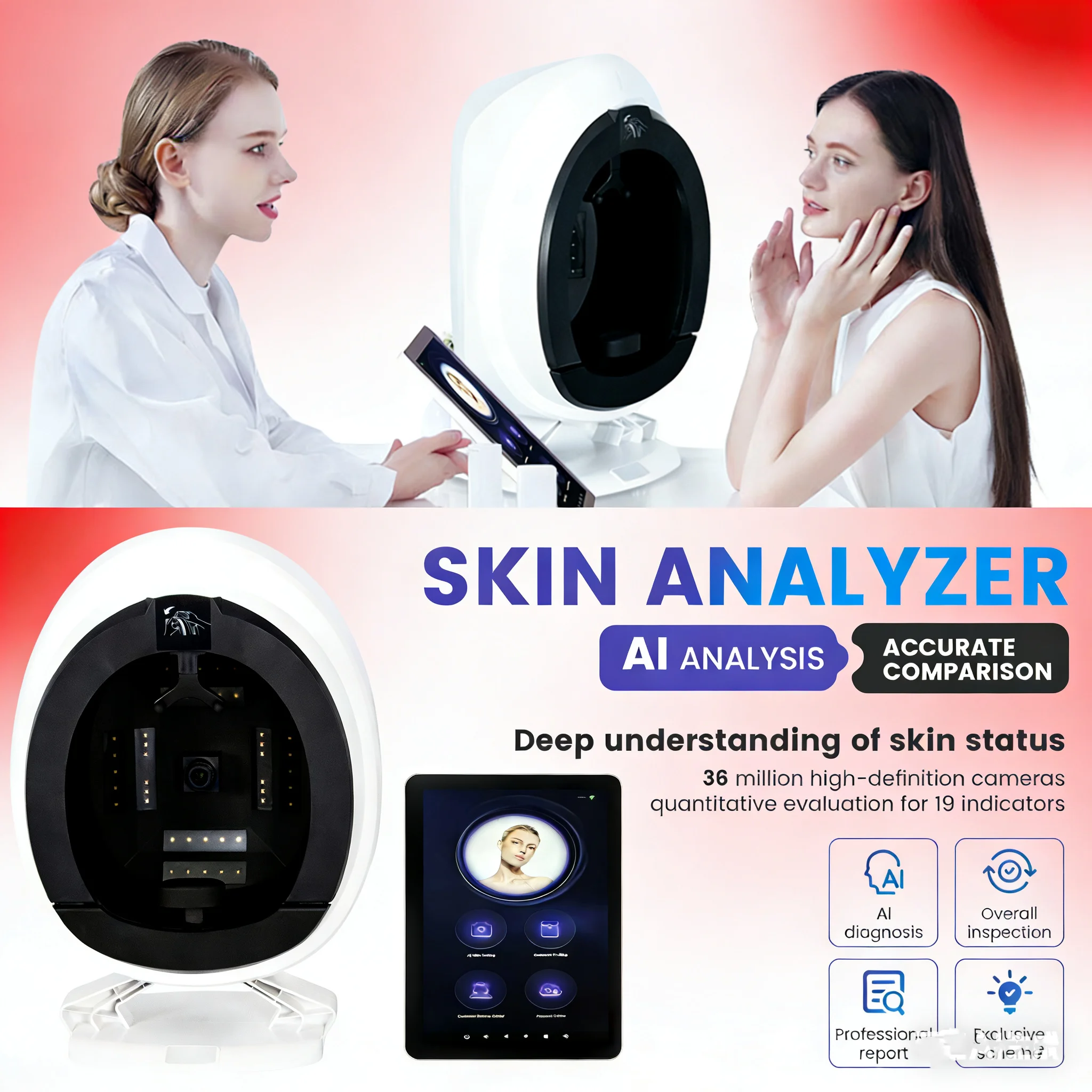 Q1 ثلاثية الأبعاد AI محلل الجلد LED المحمولة LCD 8 الطيف ماسح ضوئي للوجه تشخيص الجلد حب الشباب التجاعيد الجمال المهنية