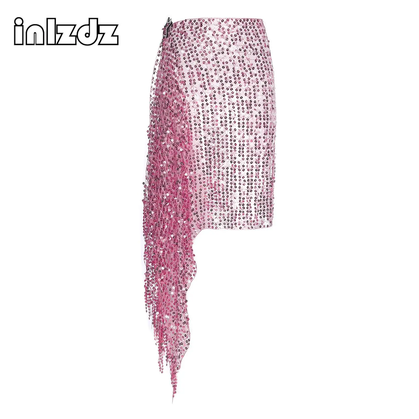 

Womens Sequin Hip Scarf with Rhinestone Star Clip Self-tied Tassel Trims Hip Skirt Waist Chain for Belly Dance Latin Salsa