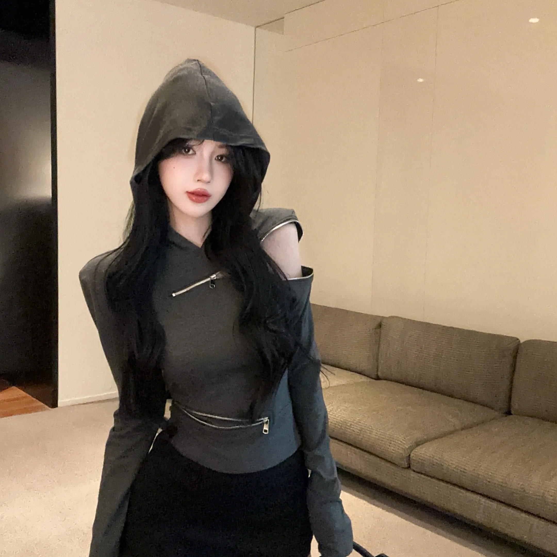 

Сексуальная ажурная футболка с капюшоном, уникальный дизайн на молнии, модная осенняя одежда для девочек, длинный све, женский повседневный топ, чистый цвет