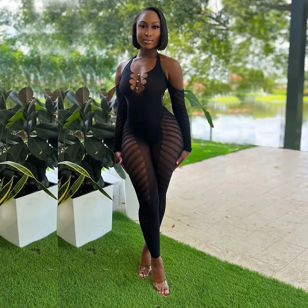 Mesh Jumpsuit Sexy Club Rhinestone Deep - Image 2