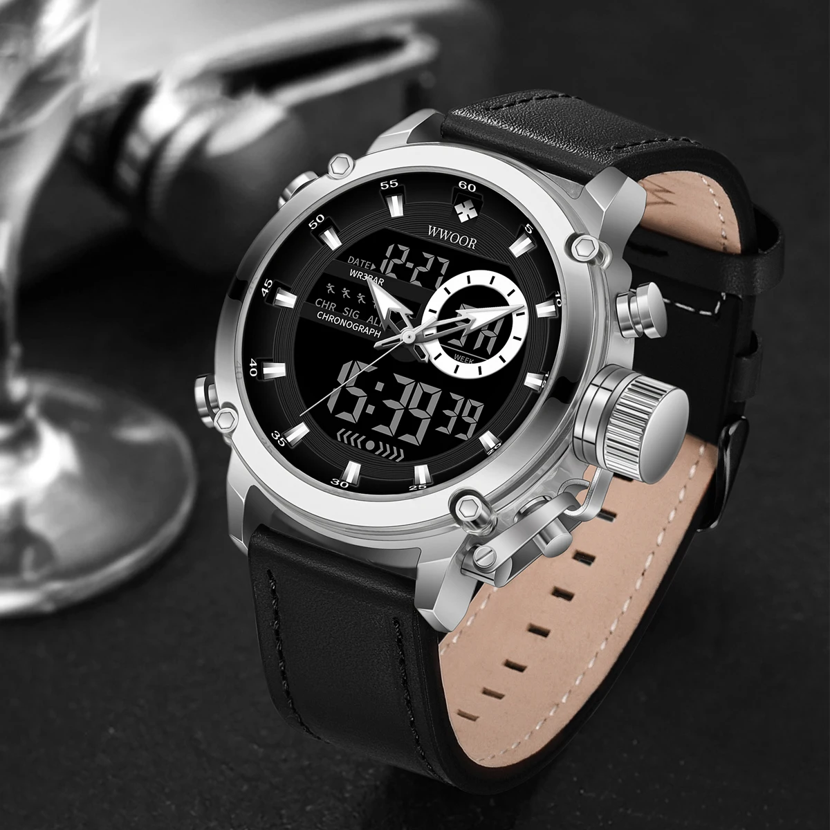 WWOOR Men's Watches Luxury Dual Display Original Watch for Men LED Luminous Waterproof Sport Chronograph Analog Quartz Man Watch