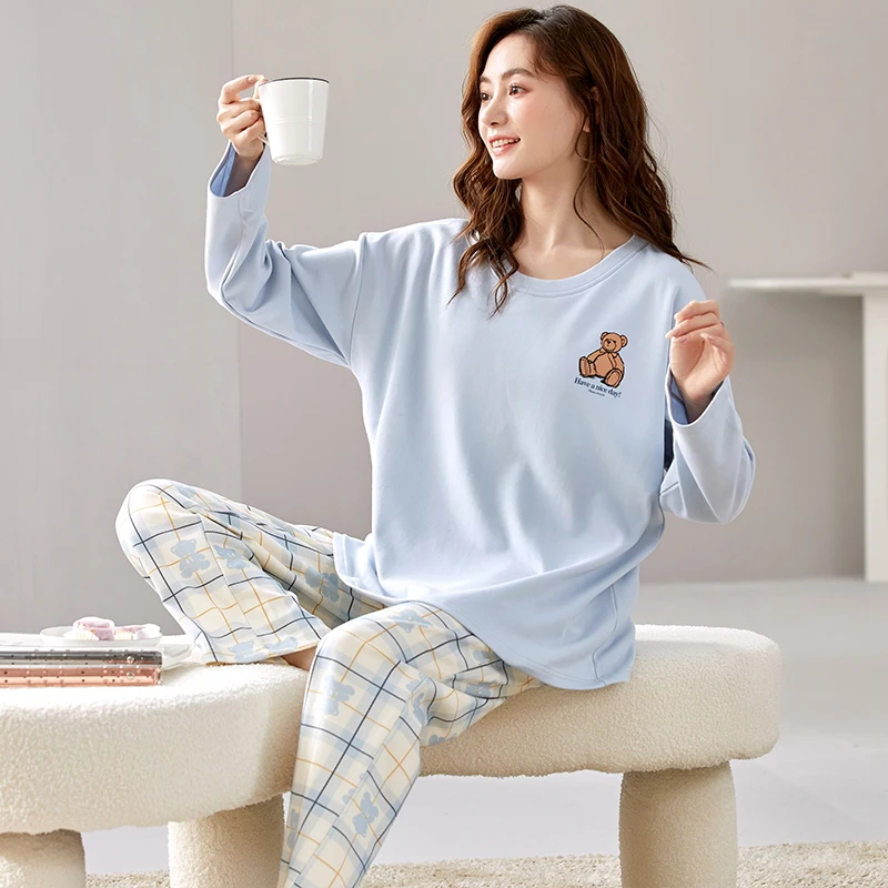 Blue Teddy Bear Pajamas Set Women Autumn Winter Long Sleeves Long Pants Cute Sleepwear Soft Pijamas Cozy Pyjamas Girls Pjs Comfy