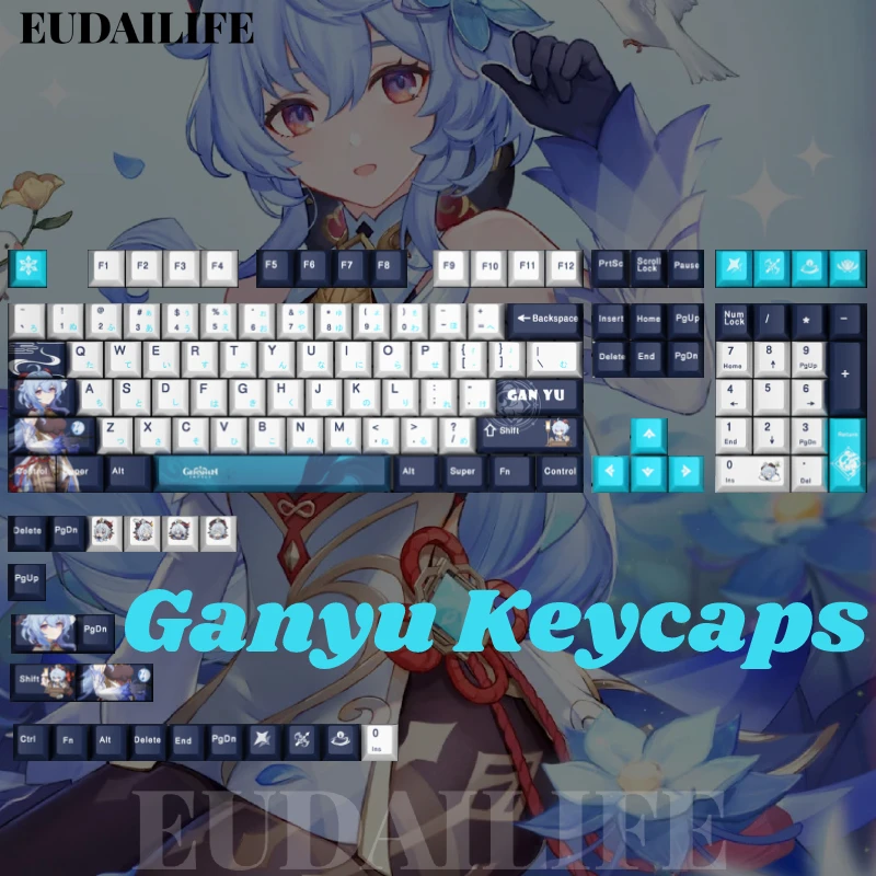 

Ganyu 128 Key Cap Genshin Impact PBT DYE Sublimation Cherry MX Cross Axis Switch Keycap Key Cover for Mechanical Keyboard Gift