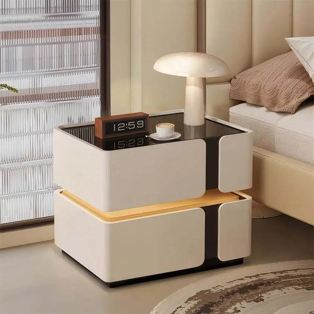 Modern Smart Nightstand Motion Sensor Night Light Built-In Wireless Charging Plywood Faux Leather Bedside Table