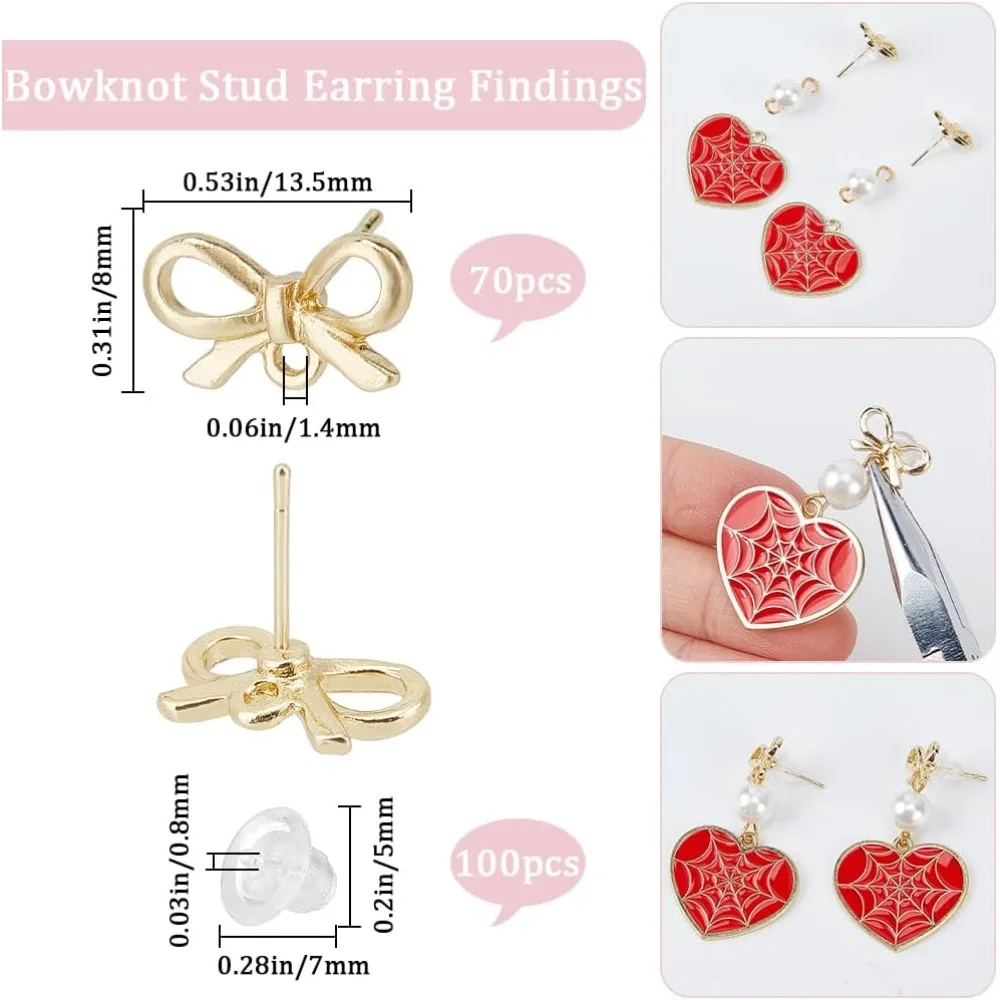 1 Box 70Pcs Bowknot Post Earring Findings Earring Stud with Hole Earring Posts Gold Stud with Hole Stud making kit