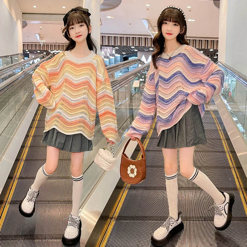 Rainbow Colorblock Kids Knitwear  Luxury Design Girls Long Sleeve Sweater Cheap Spring Autumn Coat Warm Winter Children's New