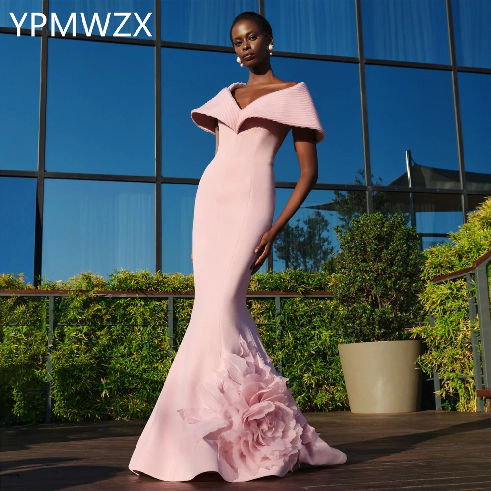 Gaun Prom disesuaikan gaun malam Formal wanita YPMWZX Off-the-shoulder terompet rok panjang lantai bunga kesempatan Bespoke