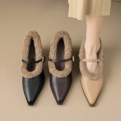 Elegant Metal Buckle Mary Janes Woman Chic  Brand Design Fur Low Heel Dress Shoes Ladies Winter Warm Plush Belt Pump Zapatos