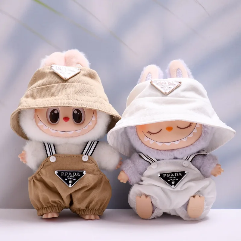 Doll Clothes For Labubu 17cm Set Solid Color Overall And Bucket Hat Outfit for DIY Doll Dressing Gift for Toy Collectors