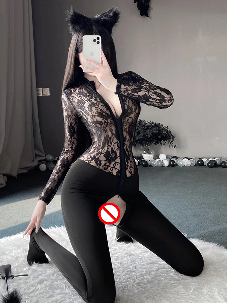 

Sexy Bodysuit Lace Perspective Secretary Zipper Opening Non Detachable One Piece Erotic Woman Lingeries Sexy Femme Yoga Pants