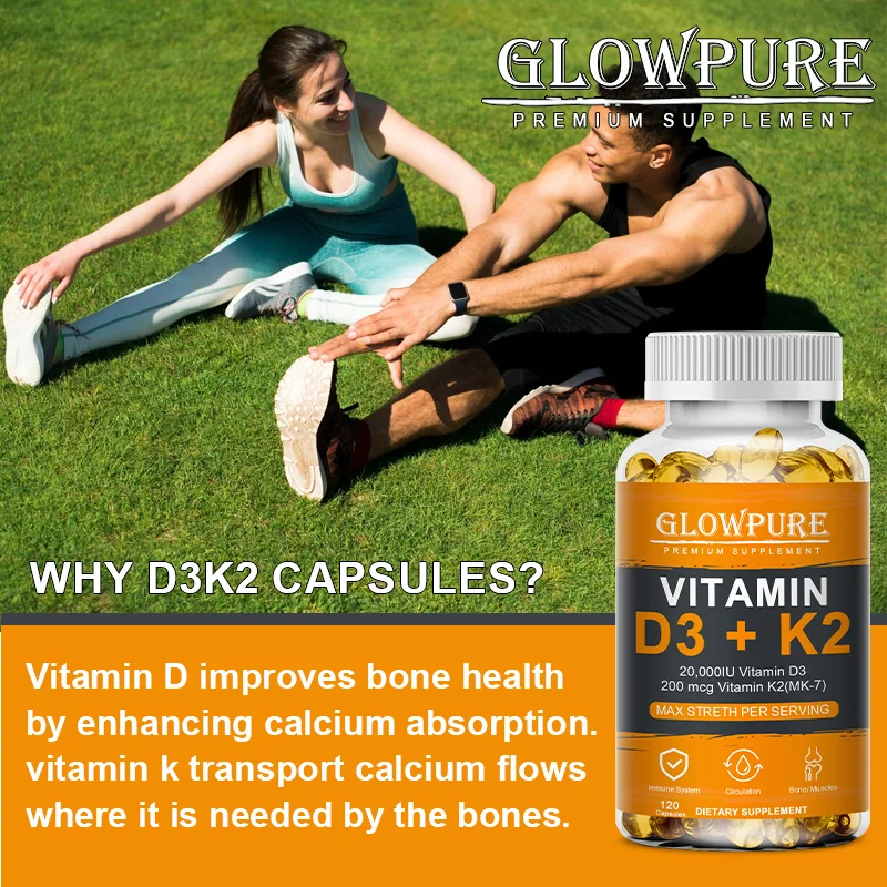 Vitamin D3 K2 Capsule - 20,000 IU Vitamin D3 Promotes Strong Bones, Calcium Absorption, Teeth, Heart, Cardiovascular Health