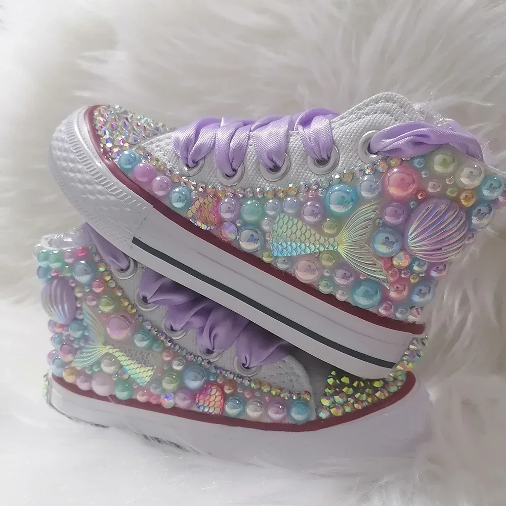 Handmade Rhinestone Bling Girls Womens Kids And Mother Candy Canvas Shoes Pearls Sneakers For Birthday Party Christmas gift