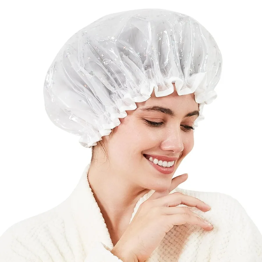 

Роскошная шапочка для душа, многоразовая, водонепроницаемая для женщин, шапочка для волос с блестками, пластиковая шапочка для душа, большая двухслойная шапочка для длинных волос B