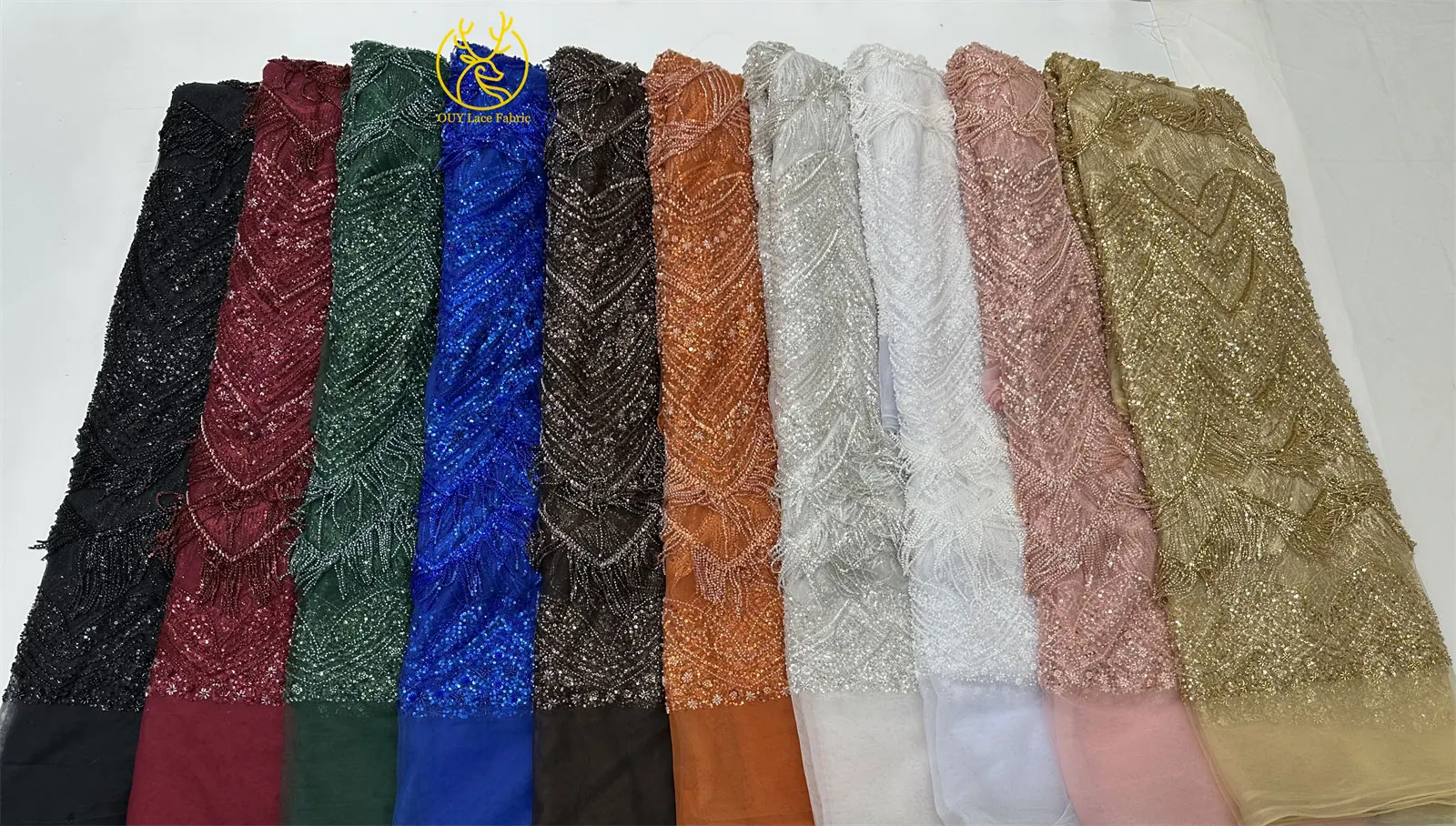 Hochwertiger 3D-Quasten-Perlen-Spitzenstoff, goldfarbener afrikanischer Perlen-Pailletten-Spitzenstoff, französische Tüllspitze für Hochzeitskleider, 5 Yards – Detail 4